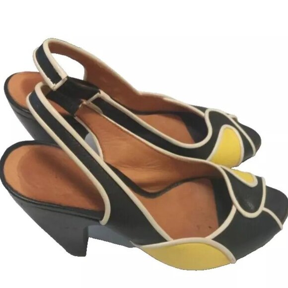 Chie Mihara BLACK & YELLOW Leather peep-toe Slingback Heeled Sandals 36.5 - Picture 2 of 5
